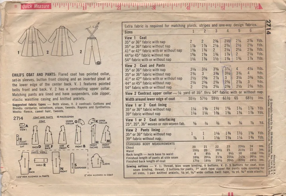 1950's Simplicity Child's Flared Coat and Pants with Suspenders - Chest 23" - No. 2714
