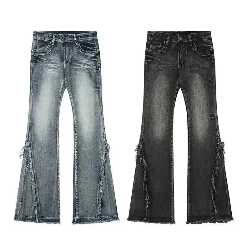 Amozae-High Quality American Vintage Clothes Raw Edge Design Flared Jeans For Women Patchwork Autumn Low-rise Washed Denim Y2k Pants