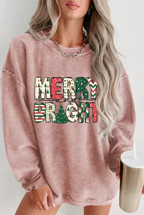 Blue Zone Planet |  Pink MERRY and BRIGHT Christmas Tree Print Ribbed Sweatshirt