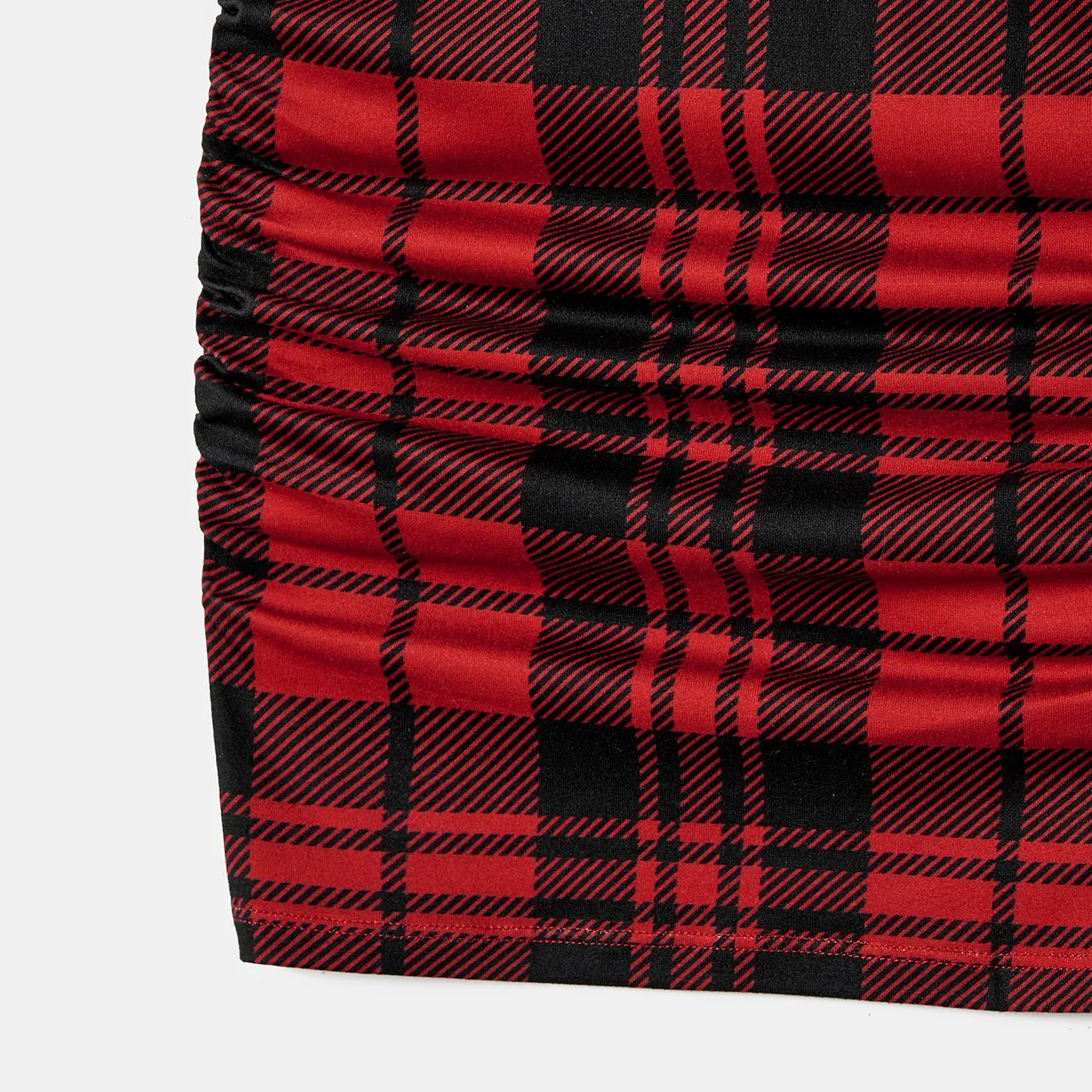 Christmas Family Matching Short-sleeve Bodycon Drawstring Plaid Dress and  Contrast Top Sets (Flame Resistant)