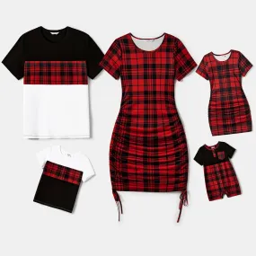 Christmas Family Matching Short-sleeve Bodycon Drawstring Plaid Dress and  Contrast Top Sets (Flame Resistant)