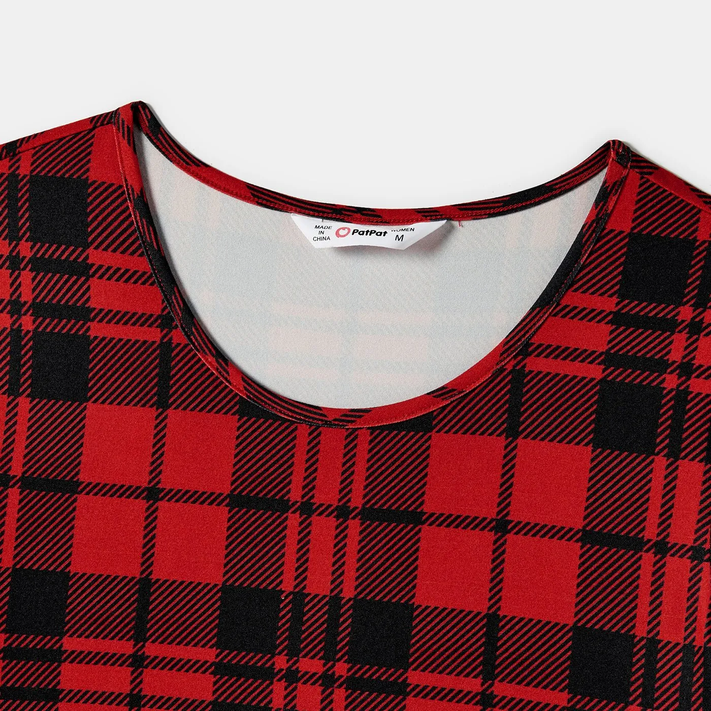 Christmas Family Matching Short-sleeve Bodycon Drawstring Plaid Dress and  Contrast Top Sets (Flame Resistant)