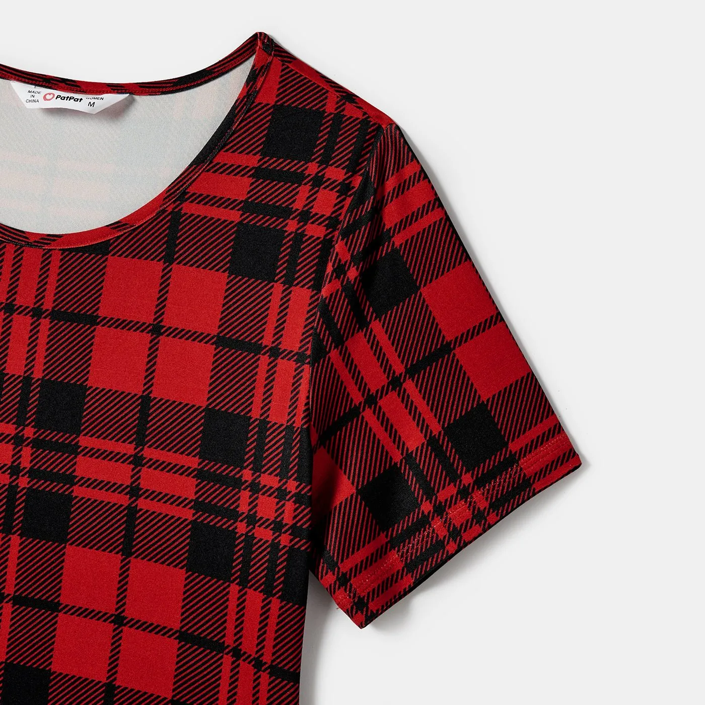 Christmas Family Matching Short-sleeve Bodycon Drawstring Plaid Dress and  Contrast Top Sets (Flame Resistant)
