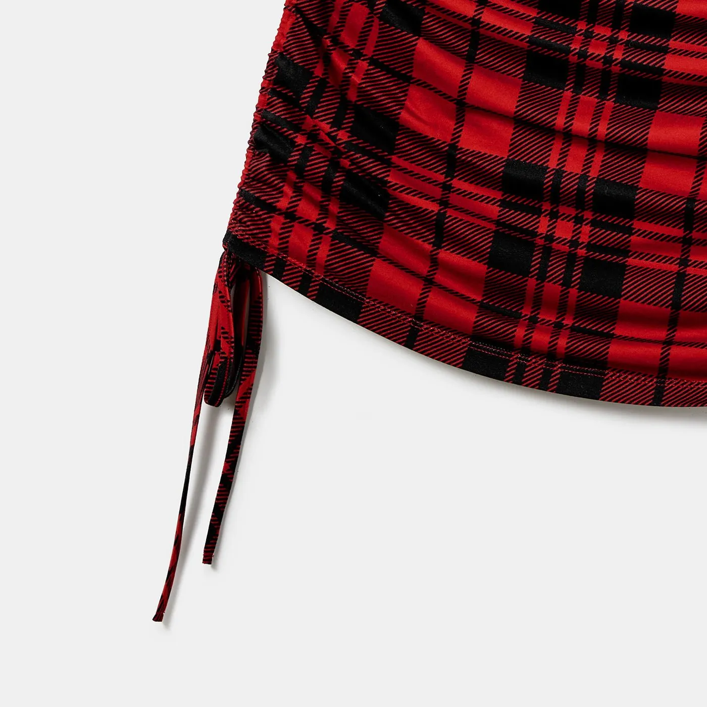Christmas Family Matching Short-sleeve Bodycon Drawstring Plaid Dress and  Contrast Top Sets (Flame Resistant)