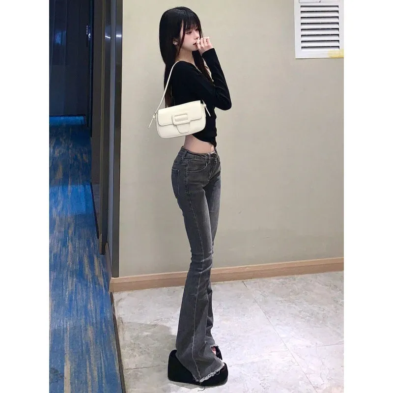 Wenkouban korean fashion American-Style Women's Retro Gray Skinny Jeans