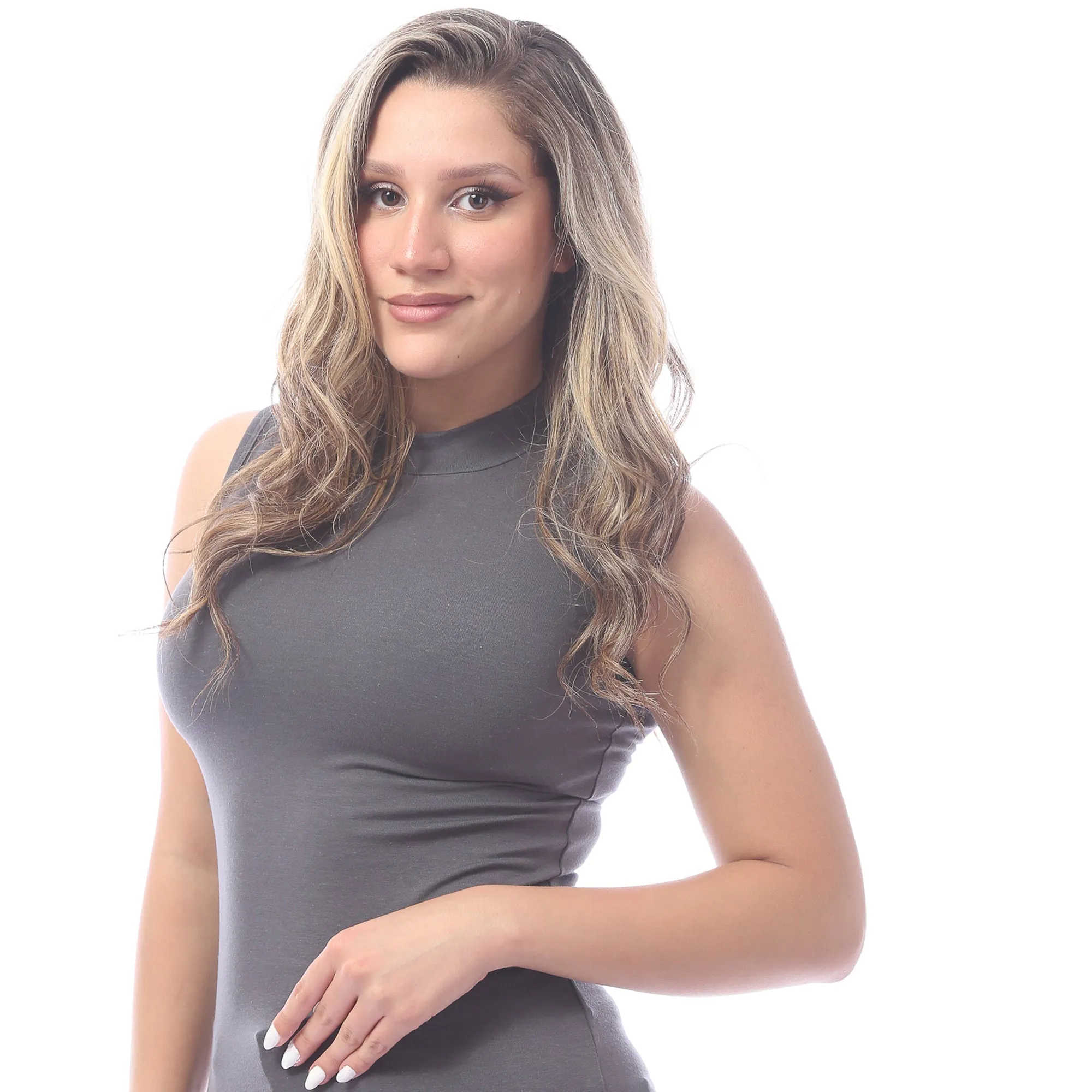 Women Basic Shirt, High Neck, Sleeveless - Grey